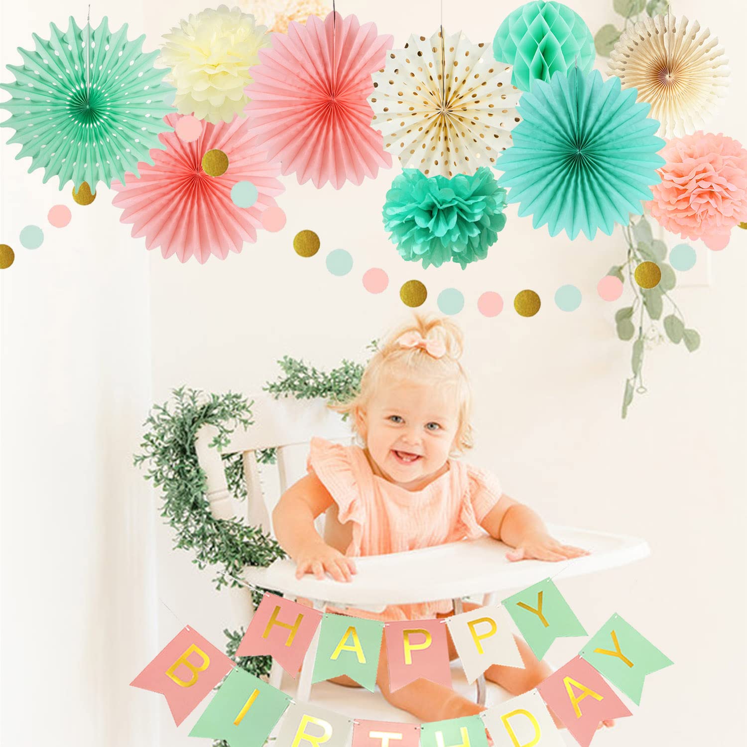 Mint Peach Birthday Party Decorations Mint Green Cream Pink Paper Fans Happy Birthday Banner Circle Dot Garland Baby Shower Bridal Shower Women Grils Mint Birthday Party Decorations