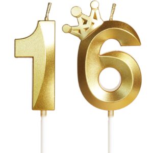 16th birthday candles for cake, number 16 gold candles with crown, 3d design birthday cake topper for boy girl women men pet birthday party wedding anniversary celebration decorations supplies