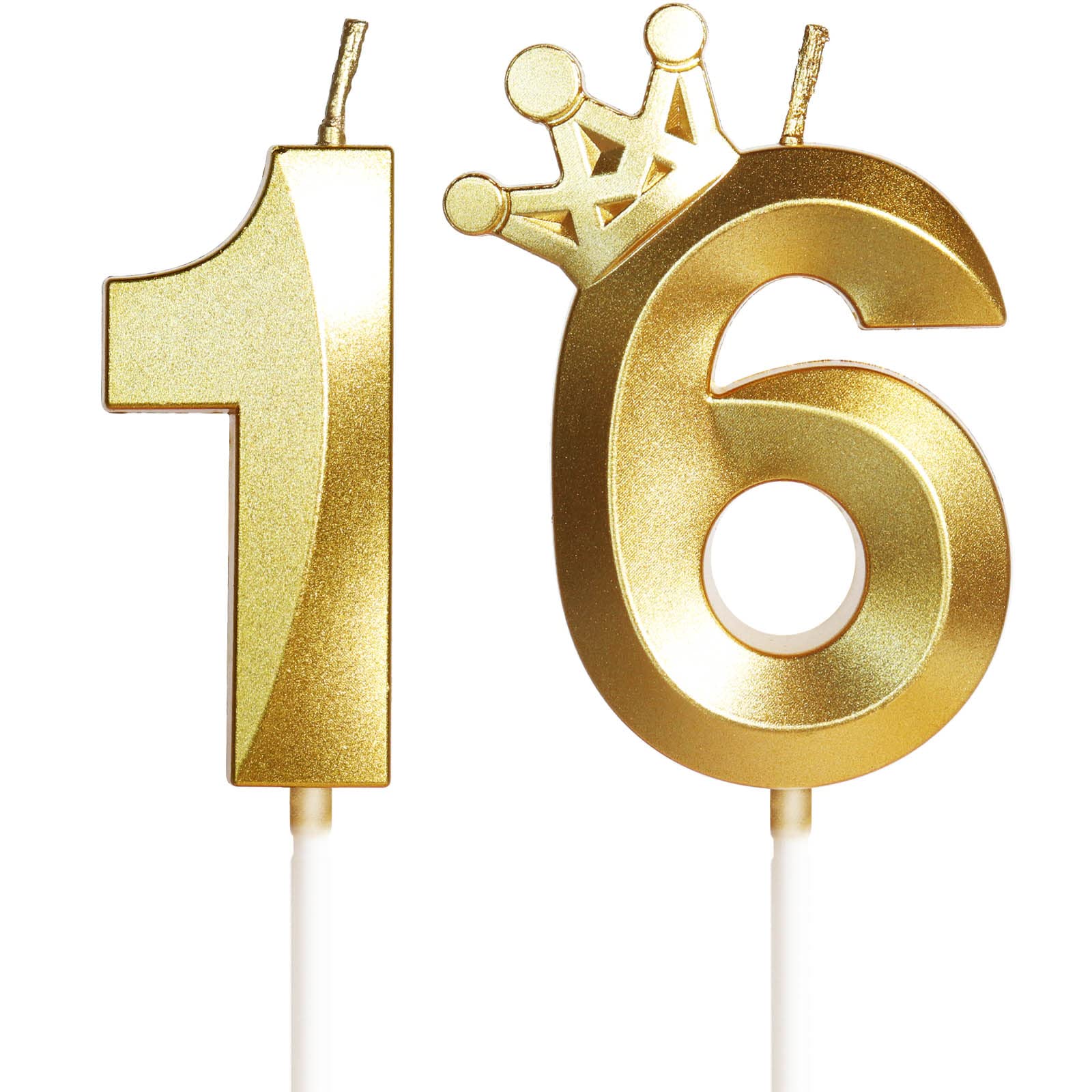 16th Birthday Candles for Cake, Number 16 Gold Candles with Crown, 3D Design Birthday Cake Topper for Boy Girl Women Men Pet Birthday Party Wedding Anniversary Celebration Decorations Supplies