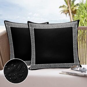 Funy Decor Waterproof Outdoor Throw Pillow Cover Geometric Greek Key Design Lumbar Pillowcases Set of 2 Black Decorative Patio Furniture Pillows for Couch Garden 18x18 inch