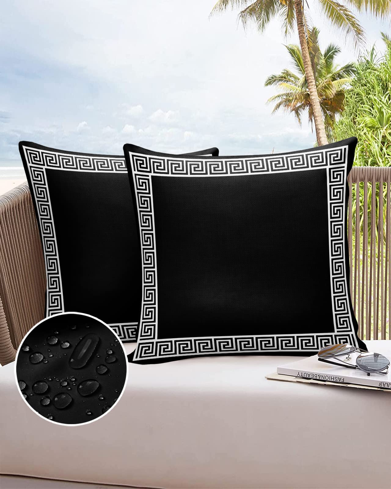 Funy Decor Waterproof Outdoor Throw Pillow Cover Geometric Greek Key Design Lumbar Pillowcases Set of 2 Black Decorative Patio Furniture Pillows for Couch Garden 18x18 inch