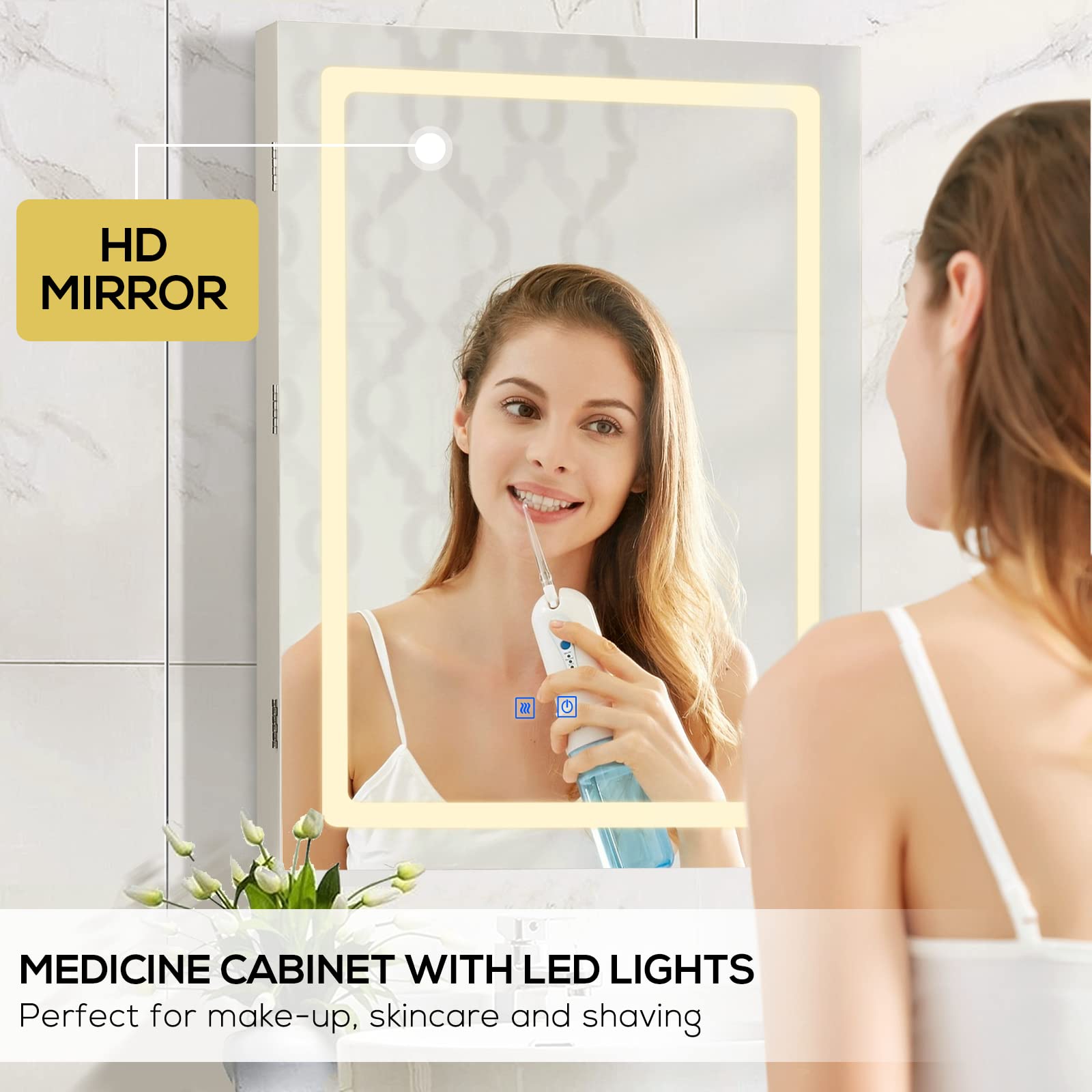 VOWNER Bathroom Medicine Cabinet with LED Lights and Mirror, Wall Mounted Mirror Cabinet with Adjustable Shelf, Defogger, Memory 3-Color Mode, Dimmer, Anti-Fog (Engineered Wood, 24"×32")