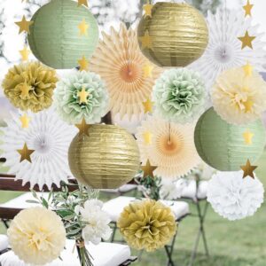 Sage Green Party Decorations Baby Shower Sage Green and Gold Party Decorations White Fans Tissue Paper Pom Poms Sage Birthday Wedding Engagement Bridal Shower Bachelorette Party Decorations