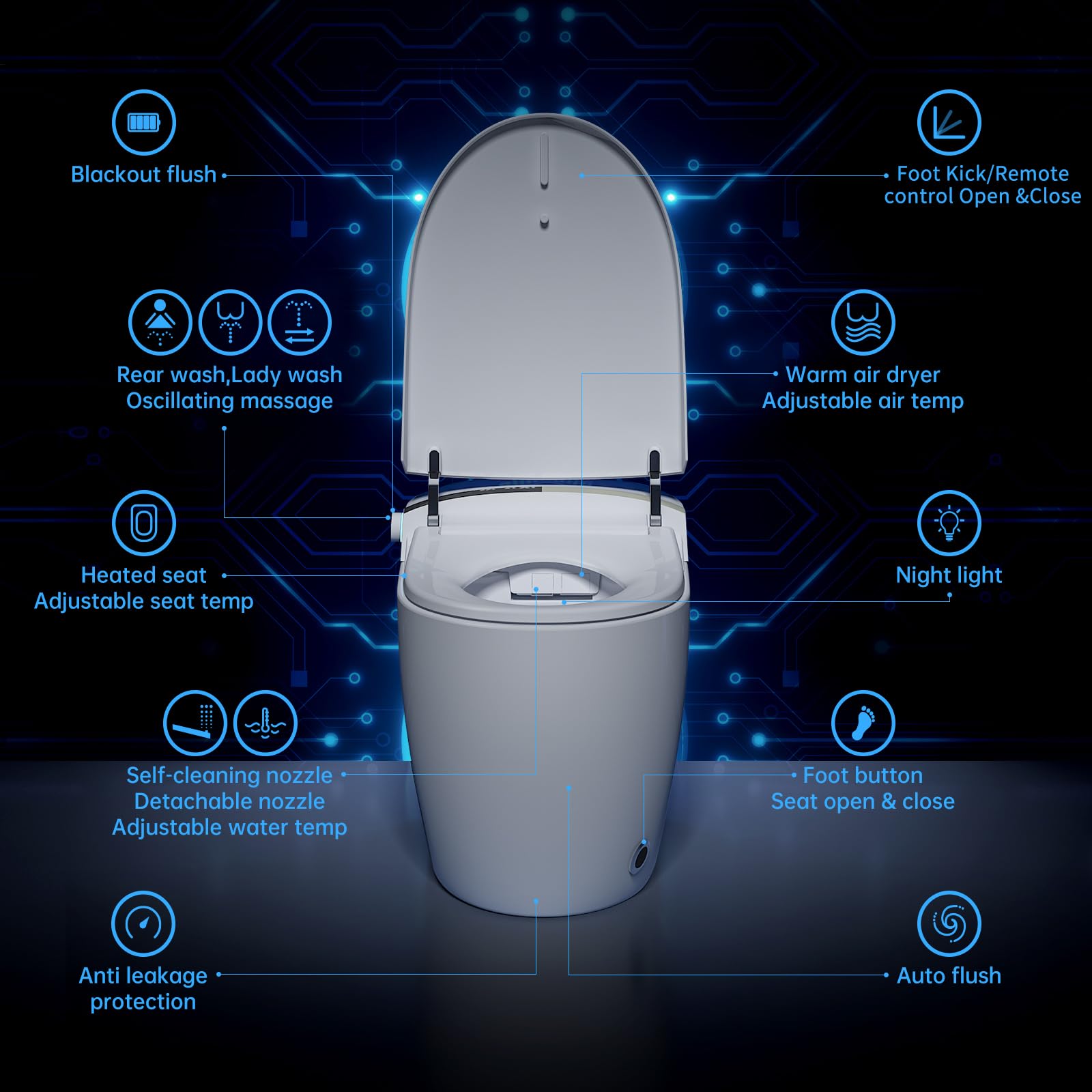 Smart Toilet,Auto Flush, Heated Bidet with Temperature Controlled Wash Functions, Pre-Wet, Warm Air Dryer, Soft Closing Seat,Energy-Saving Electric Tankless Toilets with LED Display