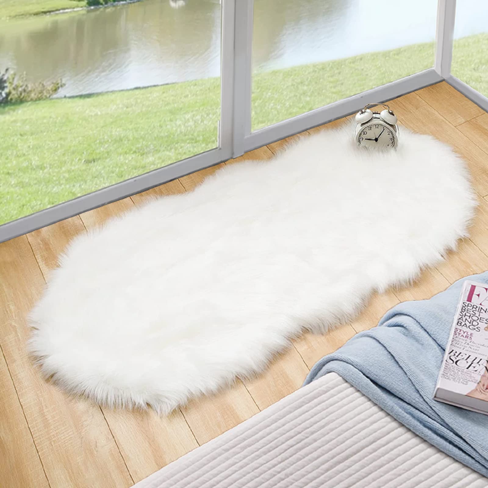 ORINOVA White Faux Sheepskin Fuzzy Fur Rugs for Bedroom Small Machine Washable Fluffy Area Rugs for Living Room 2x4 Shag Nursery Rug