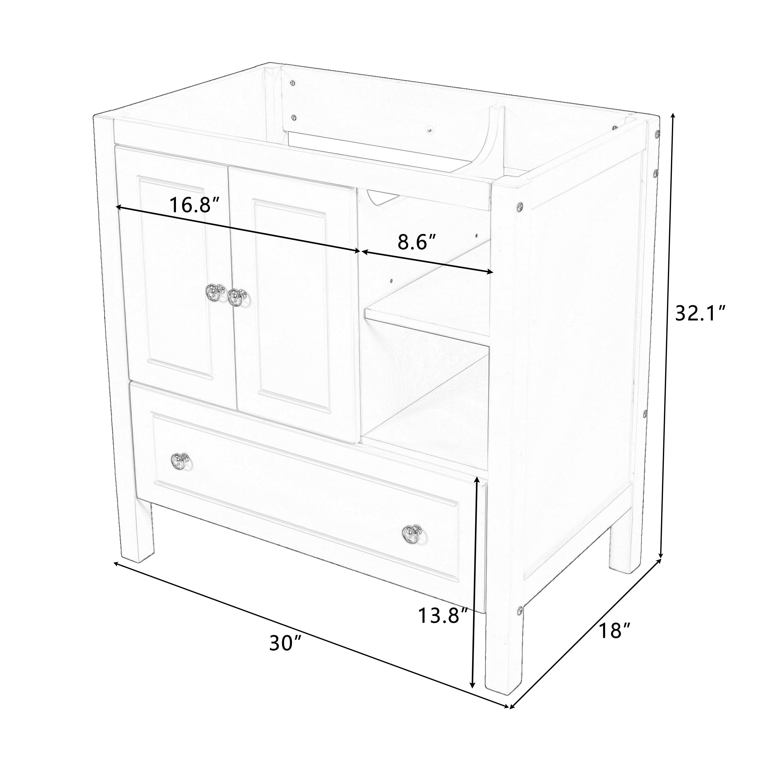 Merax Bathroom Vanity Cabinet Base Only, Storage Organizer with Drawer, Solid Wood Frame with Painted Finish, Center Undermount/Drop-in Sink Available (Not Included), 30", Grey