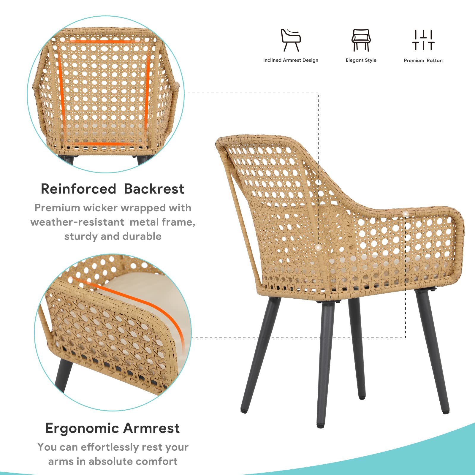 Verano Garden Patio Modern Dining Chairs Set of 2, Outdoor Rattan Dining Chair with Cushion and Armrest, Rust-Resistant Steel Frame Dining Chair Set for Yard, Porch, Deck, Lawn, Patio