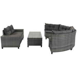 YSWH 8-Piece Half Moon Outdoor Sectional Furniture Cushioned Sofa Set, All-Weather PE Wicker Patio Curved Conversation Sets with Rectangular Coffee Table and Side Tables