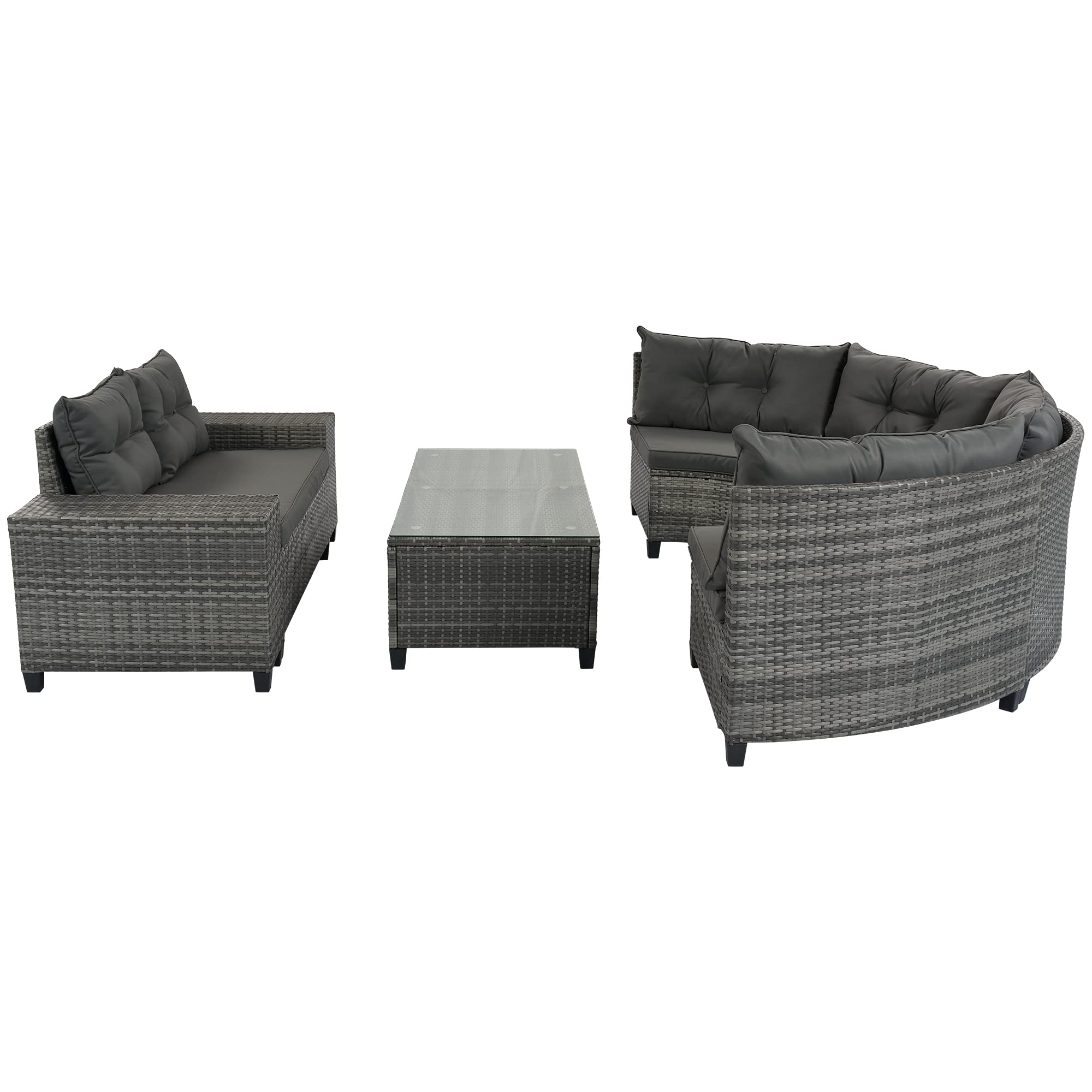 YSWH 8-Piece Half Moon Outdoor Sectional Furniture Cushioned Sofa Set, All-Weather PE Wicker Patio Curved Conversation Sets with Rectangular Coffee Table and Side Tables