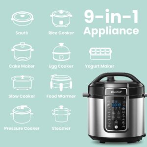 COMFEE’ 6 Quart Pressure Cooker 12-in-1, One Touch Kick-Start Slow Cooker & Rice Cooker, 6-in-1 Stainless Steel Multi Cooker, 2 QT, 8 Cups Cooked(4 Cups Uncooked), Brown Rice, 6 One-Touch Programs