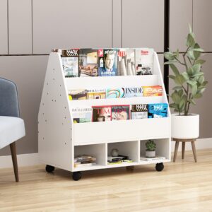 MIN WIN Double Sided Mobile Bookcase Display Stand,4-Shelf Wood Open Book Shelf with 3 Cube Units, Sling Storage Bookshelf Wide Magazine Shelf for Offices, Library,Schools,White