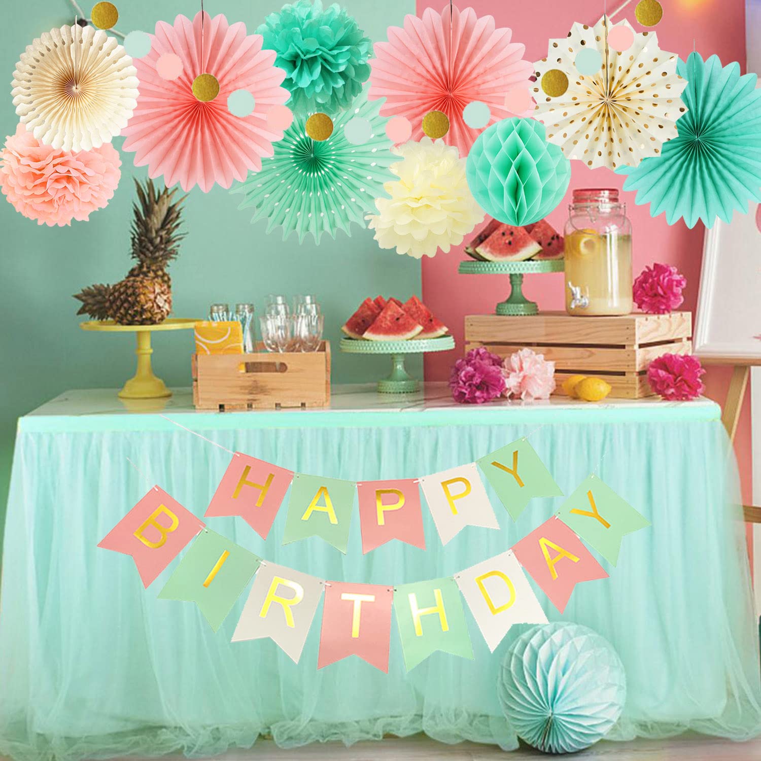 Mint Peach Birthday Party Decorations Mint Green Cream Pink Paper Fans Happy Birthday Banner Circle Dot Garland Baby Shower Bridal Shower Women Grils Mint Birthday Party Decorations