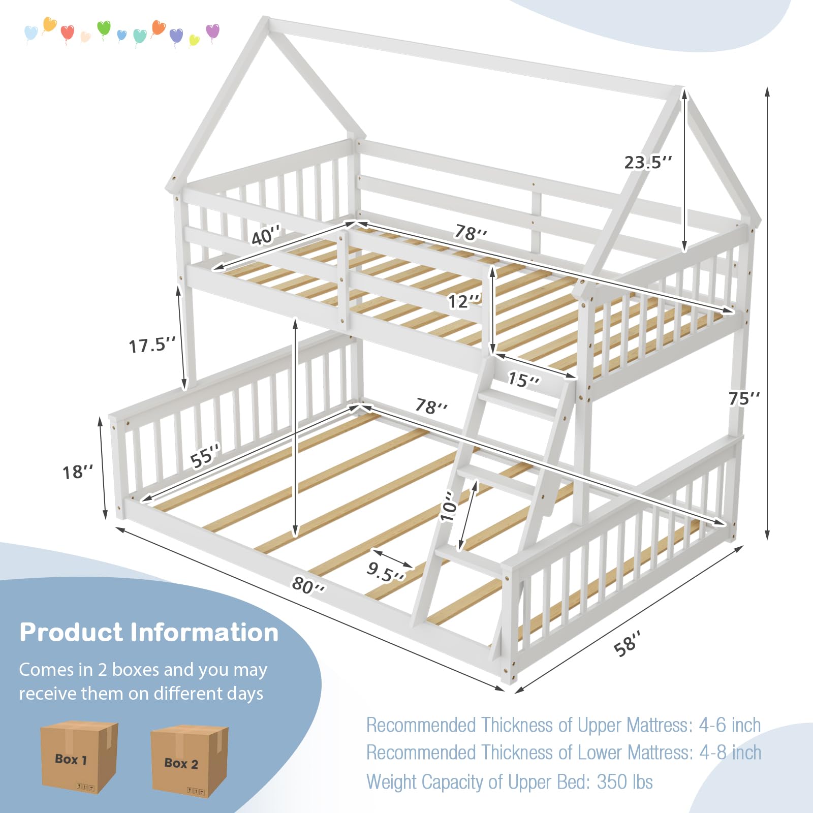 Giantex Wood Twin Over Full Bunk Bed, Solid Wood House Bed Frame Built in Ladder & Safety Guardrails, Convertible to 2 Beds, Floor Bunk Bed for Kids Teens Juniors, No Box Spring Needed, White