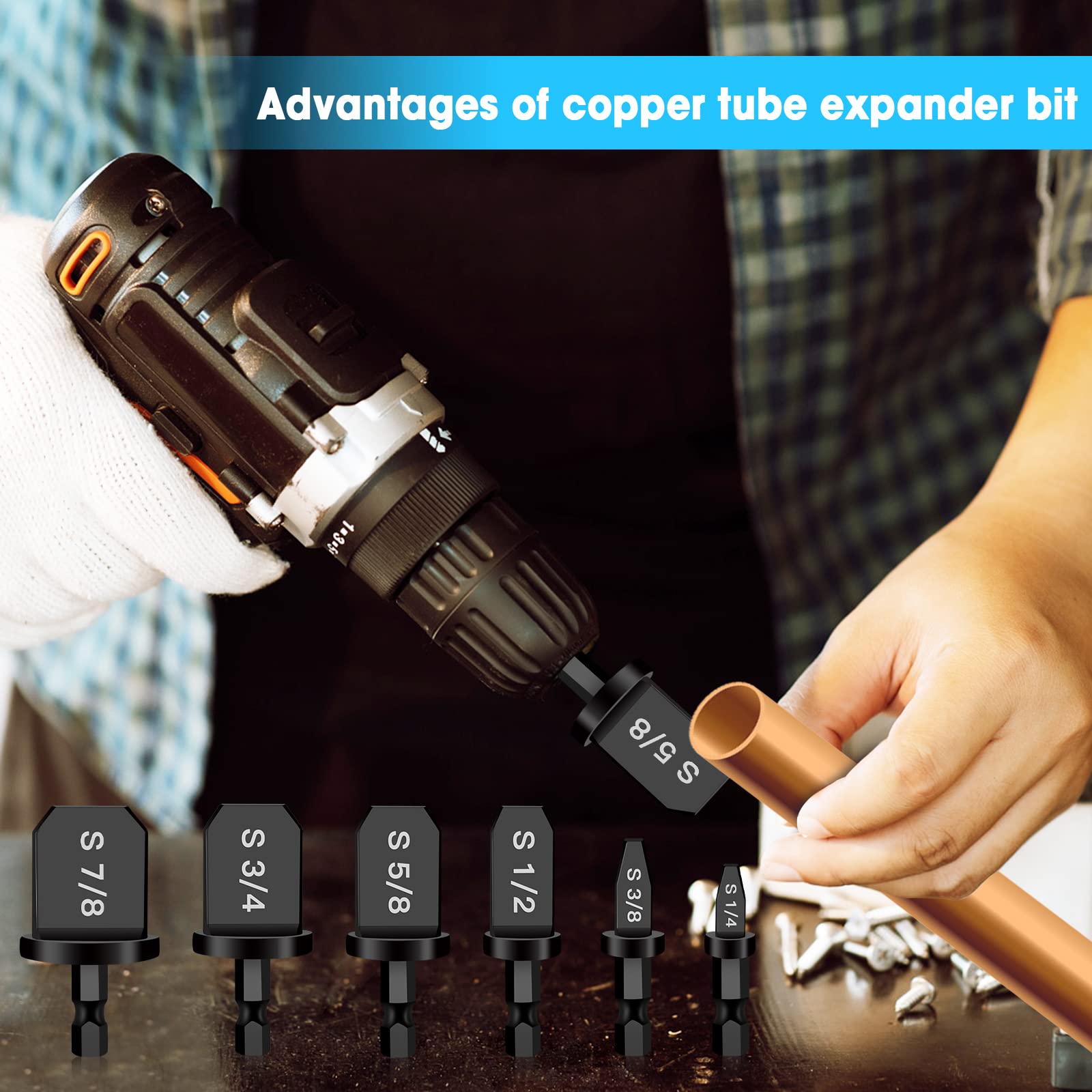 GQFOWE 6Pcs HVAC Repairing Set, Boring Drill Bits, Air Conditioner Copper Tube Expander Swaging Tool Manual Copper Pipe Swage, Soft Copper tubing 1/4'', 3/8'',1/2'',5/8'',3/4'',7/8'' Bits Set