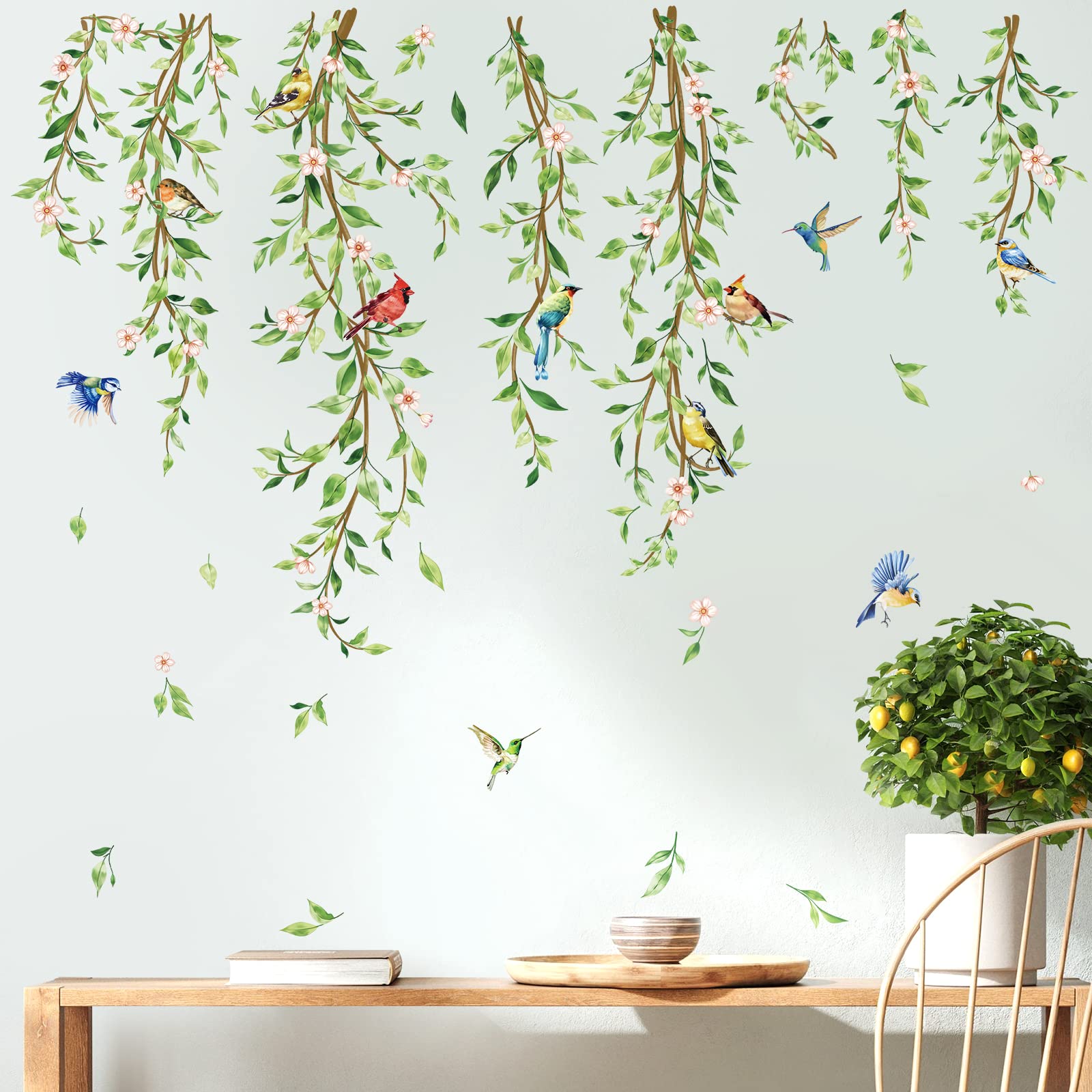 decalmile Hanging Vine Wall Decals Birds Green Leaf Wall Stickers Bedroom Living Room Office Kitchen Wall Decor