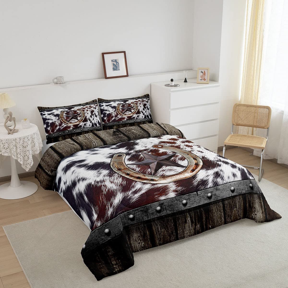 Brown Cowhide Bedding Set For Men Queen,Rustic Farmhouse Horseshoe Comforter For Kids Adults Western Texas Star Comforter Set Retro Grunge Barn Highland Cow Fur Quilt Duvet Insert 2 Pillow Cases