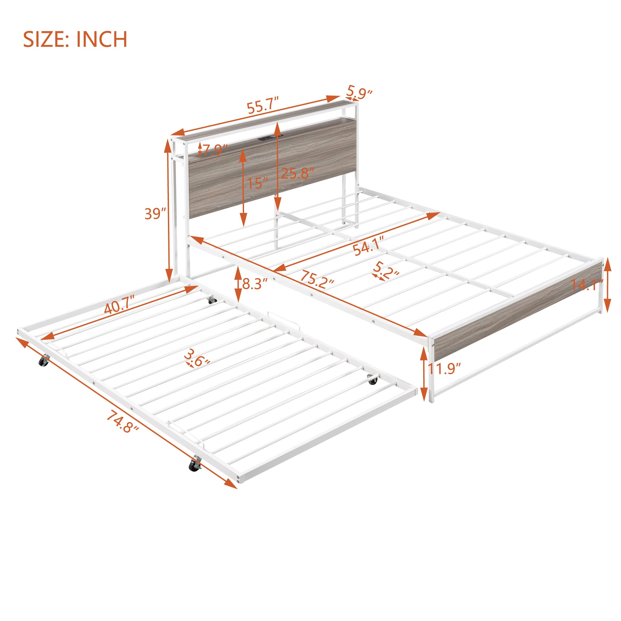 Harper & Bright Designs Full Platform Bed with Trundle and USB Ports, Metal Full Bed Frame with Storage Headboard and Steel Slat Support, for Bedroom and Guest Room (Full Size, White)