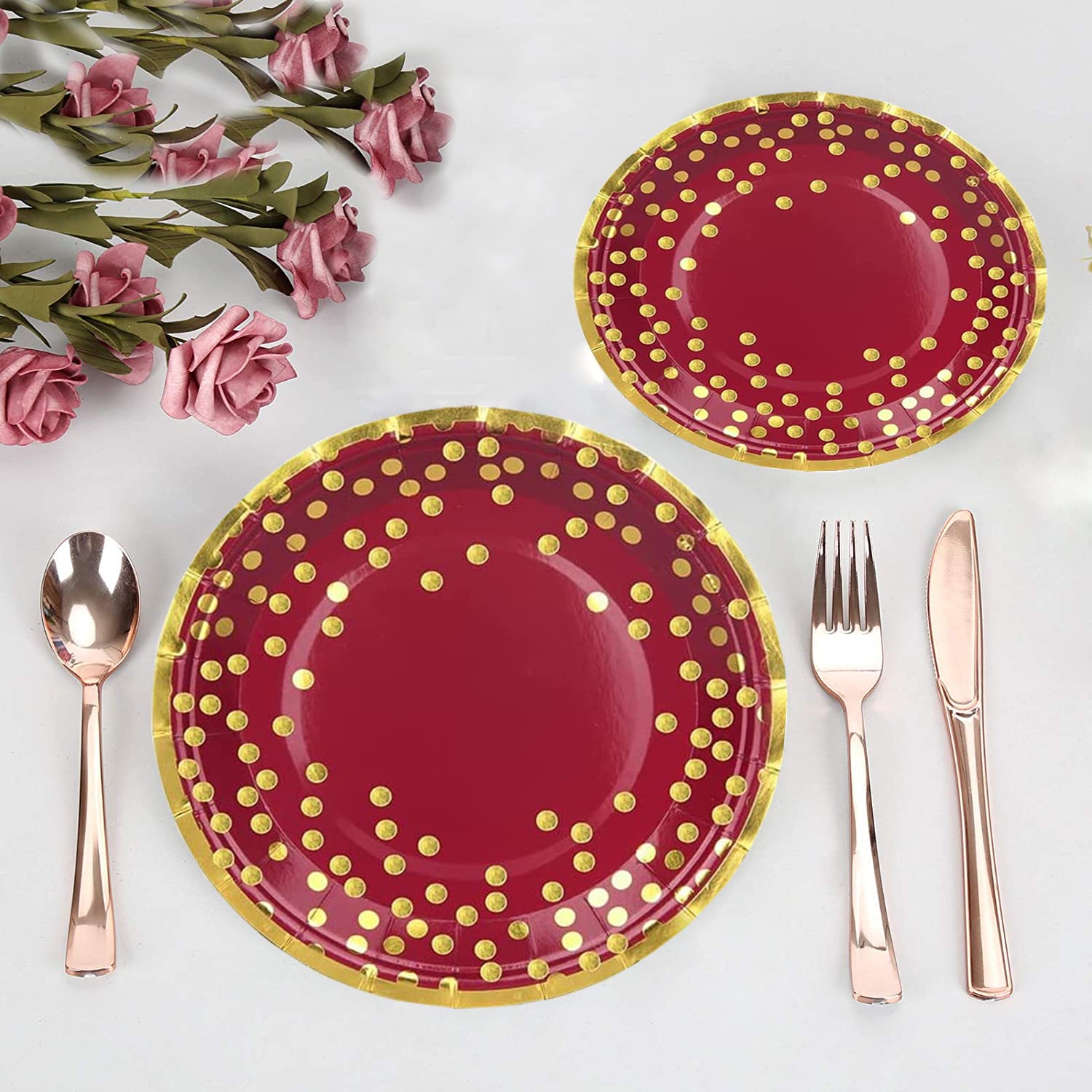 50 Pcs Burgundy and Gold Party Supplies,Gold Dot Party Tableware Set 9"&7"Burgundy Paper Plates Gold Dot Plates,Burgundy and Gold Party Decorations for Birthday Wedding Anniversary Graduation Decor