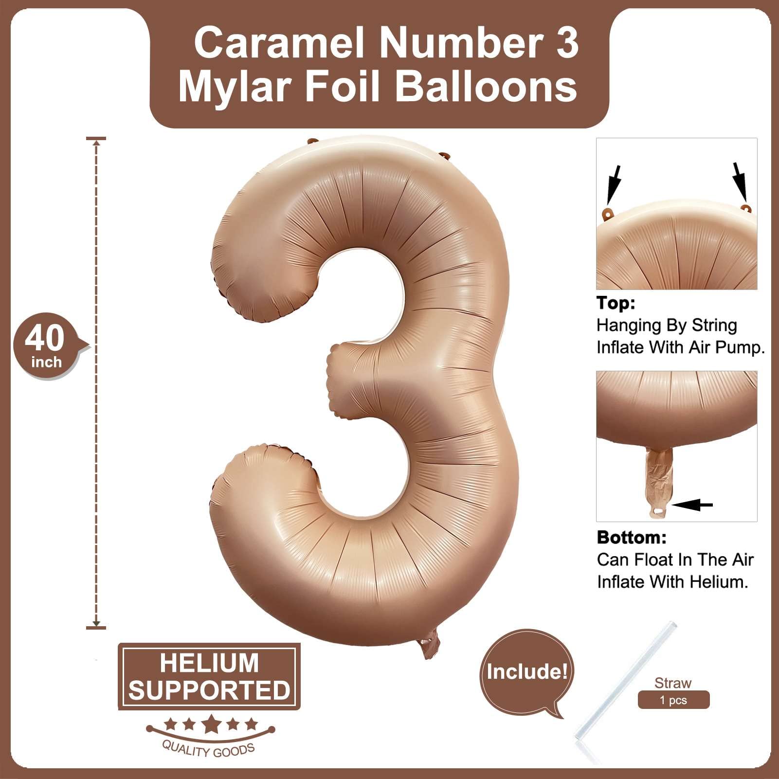 40 Inch Caramel Number 3 Balloon Large Size Jumbo Digit Mylar Foil Retro Apricot Beige Helium Balloons for Birthday Party Celebration Decorations Graduation Anniversary Baby Shower Photo Shoot