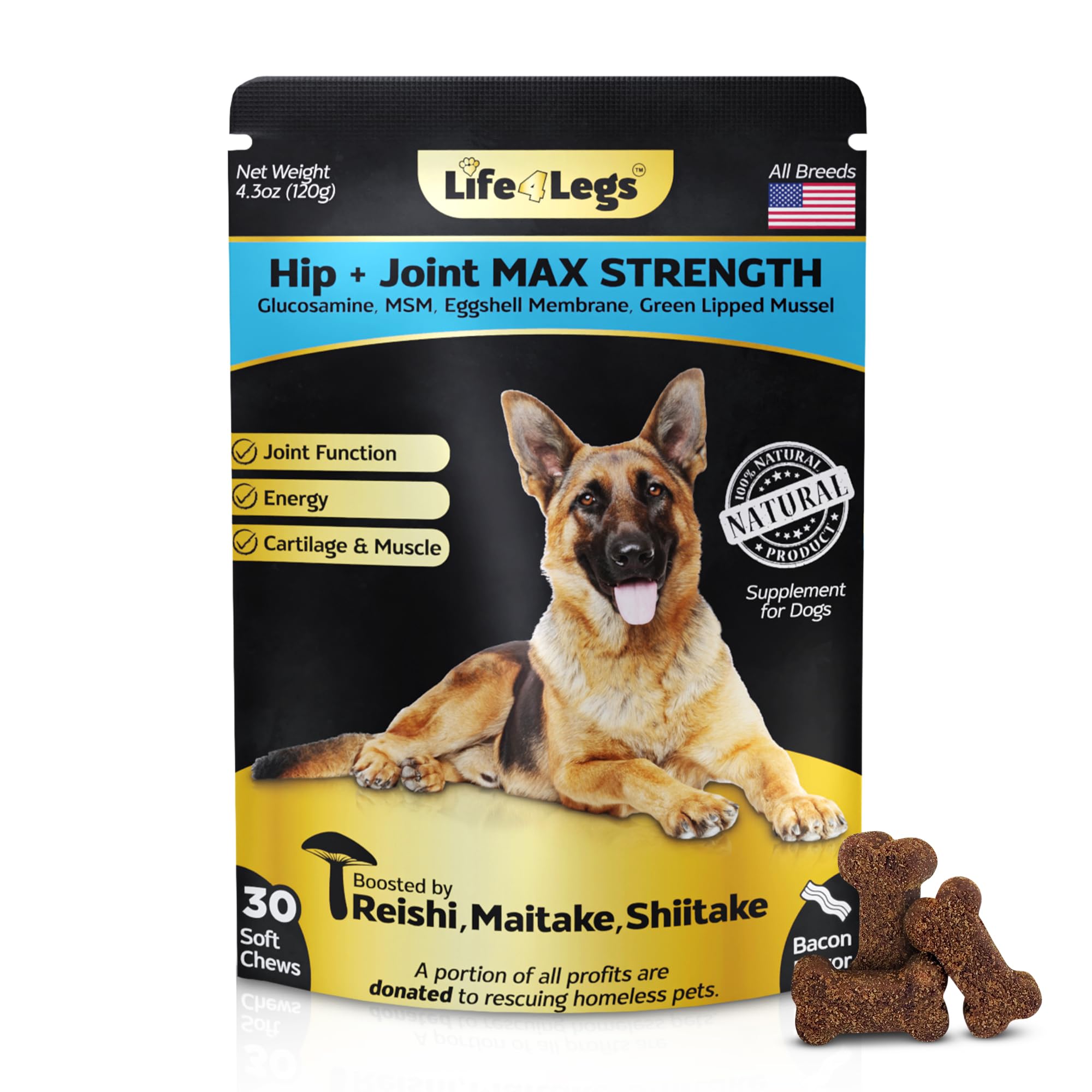 Life4Legs - Soft Chews Hip and Joint Supplement for Dogs - Dog Joint Pain Relief Treats - Glucosamine, Chondroitin, Turmeric- Mobility Bites Supplement