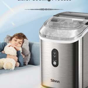 Nugget Countertop Ice Maker - Silonn Chewable Pellet Ice Machine with Self-Cleaning Function, 33lbs/24H, Sonic Ice Makers for Home Kitchen Office, Stainless Steel