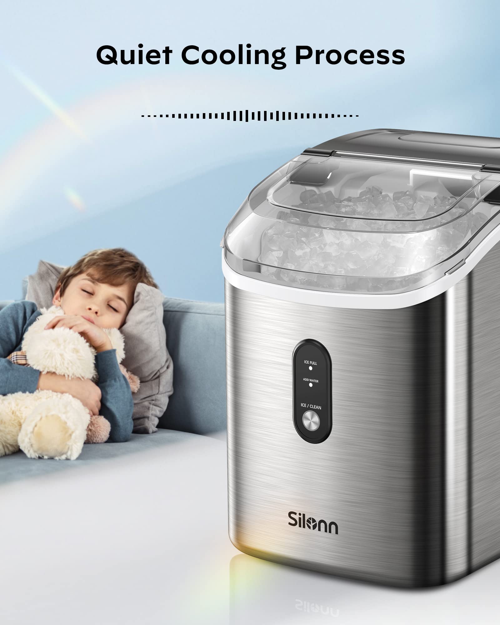 Nugget Countertop Ice Maker - Silonn Chewable Pellet Ice Machine with Self-Cleaning Function, 33lbs/24H, Sonic Ice Makers for Home Kitchen Office, Stainless Steel