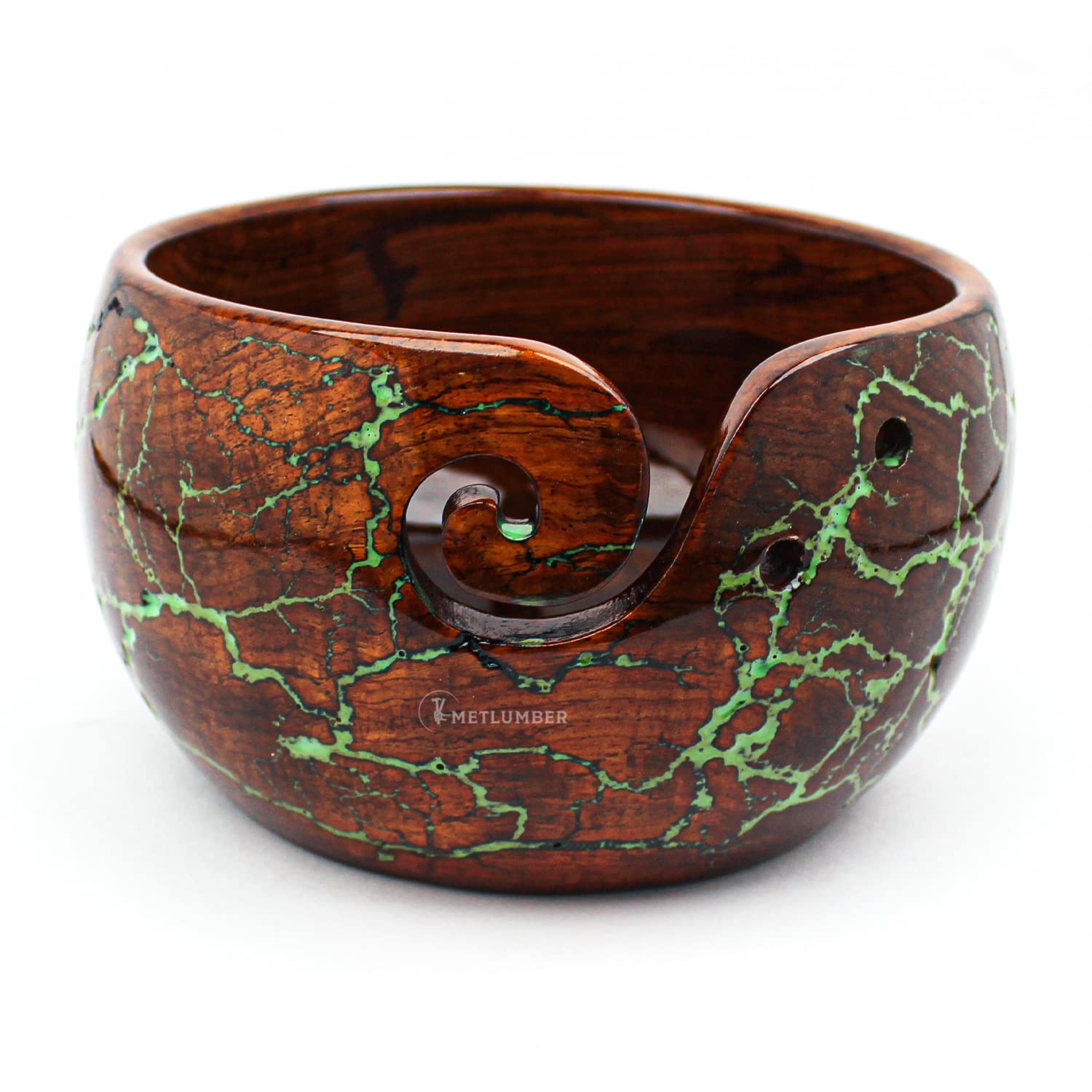 METLUMBER Wooden Yarn Bowl Rosewood Yarn Storage Bowl Holder & Dispenser for Tangle-Free Yarn Perfect Large Knitting & Crochet Bowl Fractal Wood Burning & Green Resin Artwork