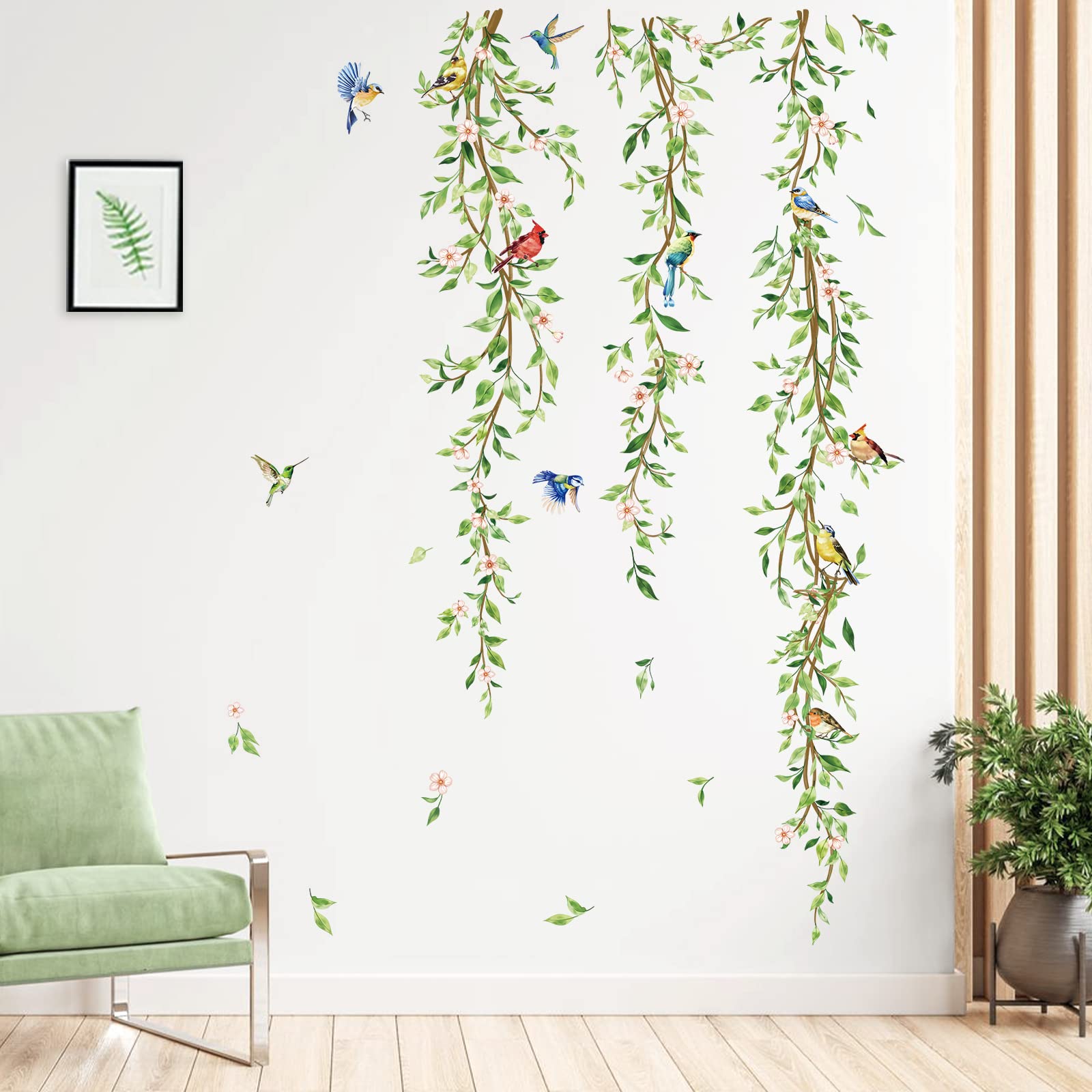 decalmile Hanging Vine Wall Decals Birds Green Leaf Wall Stickers Bedroom Living Room Office Kitchen Wall Decor