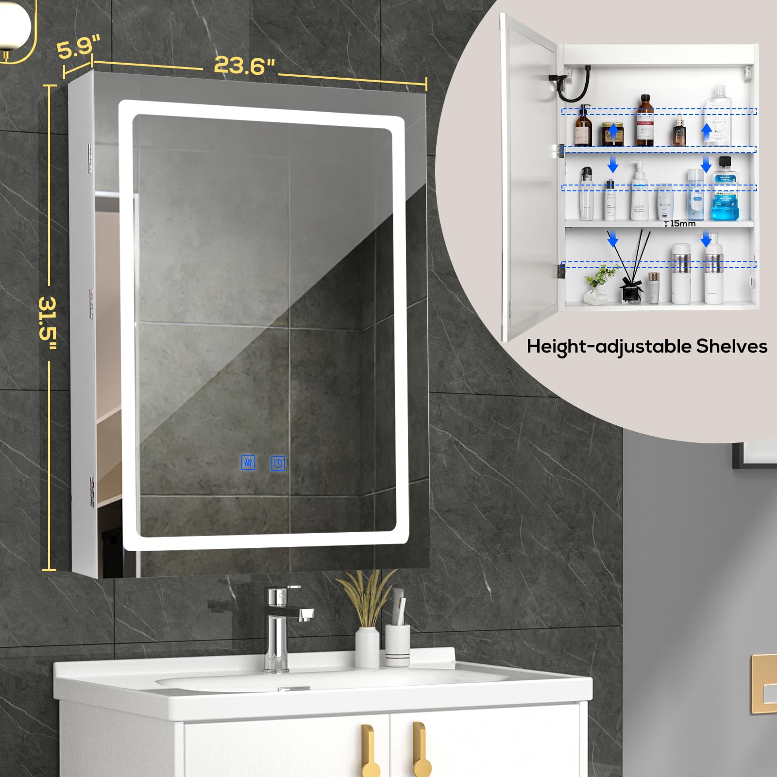 VOWNER Bathroom Medicine Cabinet with LED Lights and Mirror, Wall Mounted Mirror Cabinet with Adjustable Shelf, Defogger, Memory 3-Color Mode, Dimmer, Anti-Fog (Engineered Wood, 24"×32")