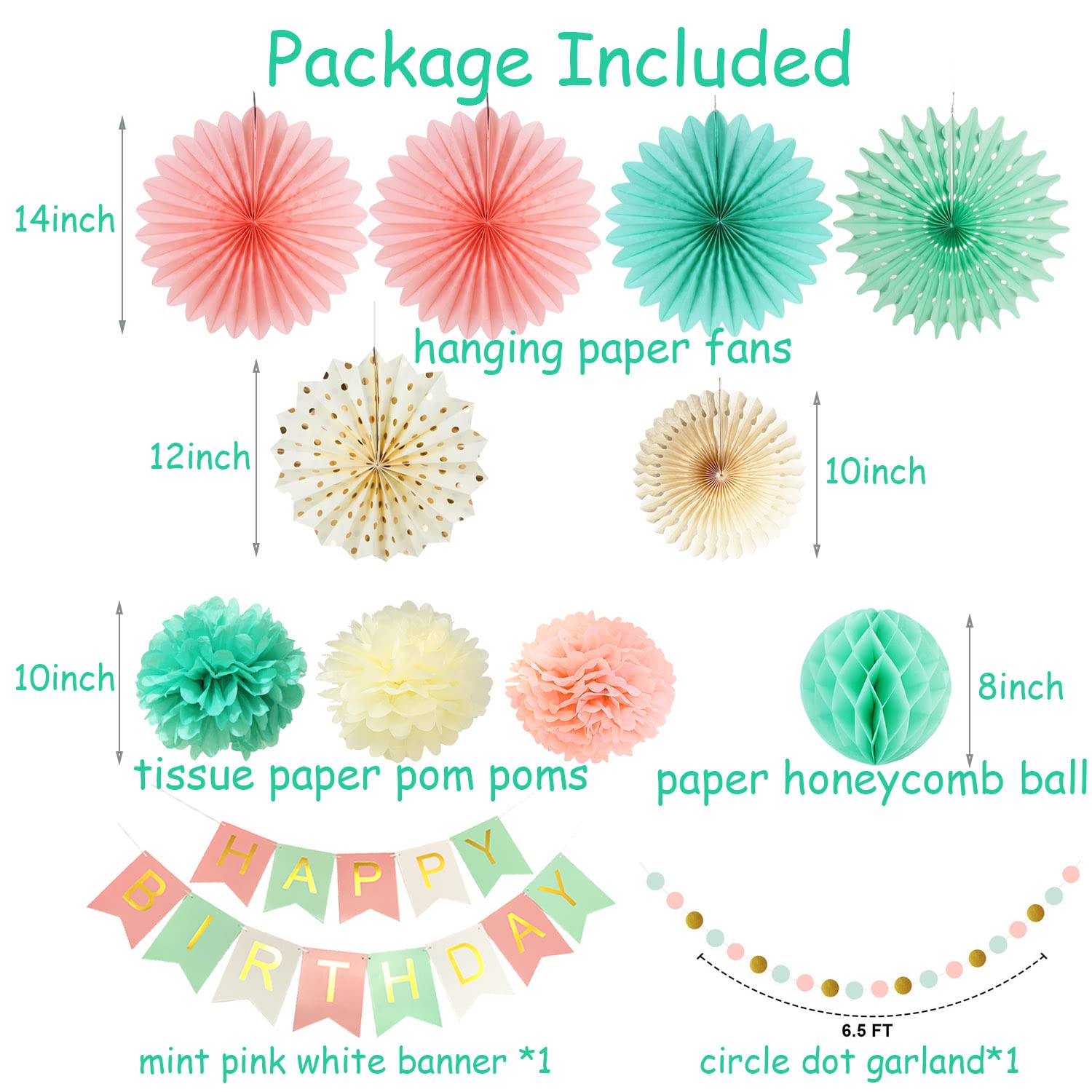 Mint Peach Birthday Party Decorations Mint Green Cream Pink Paper Fans Happy Birthday Banner Circle Dot Garland Baby Shower Bridal Shower Women Grils Mint Birthday Party Decorations