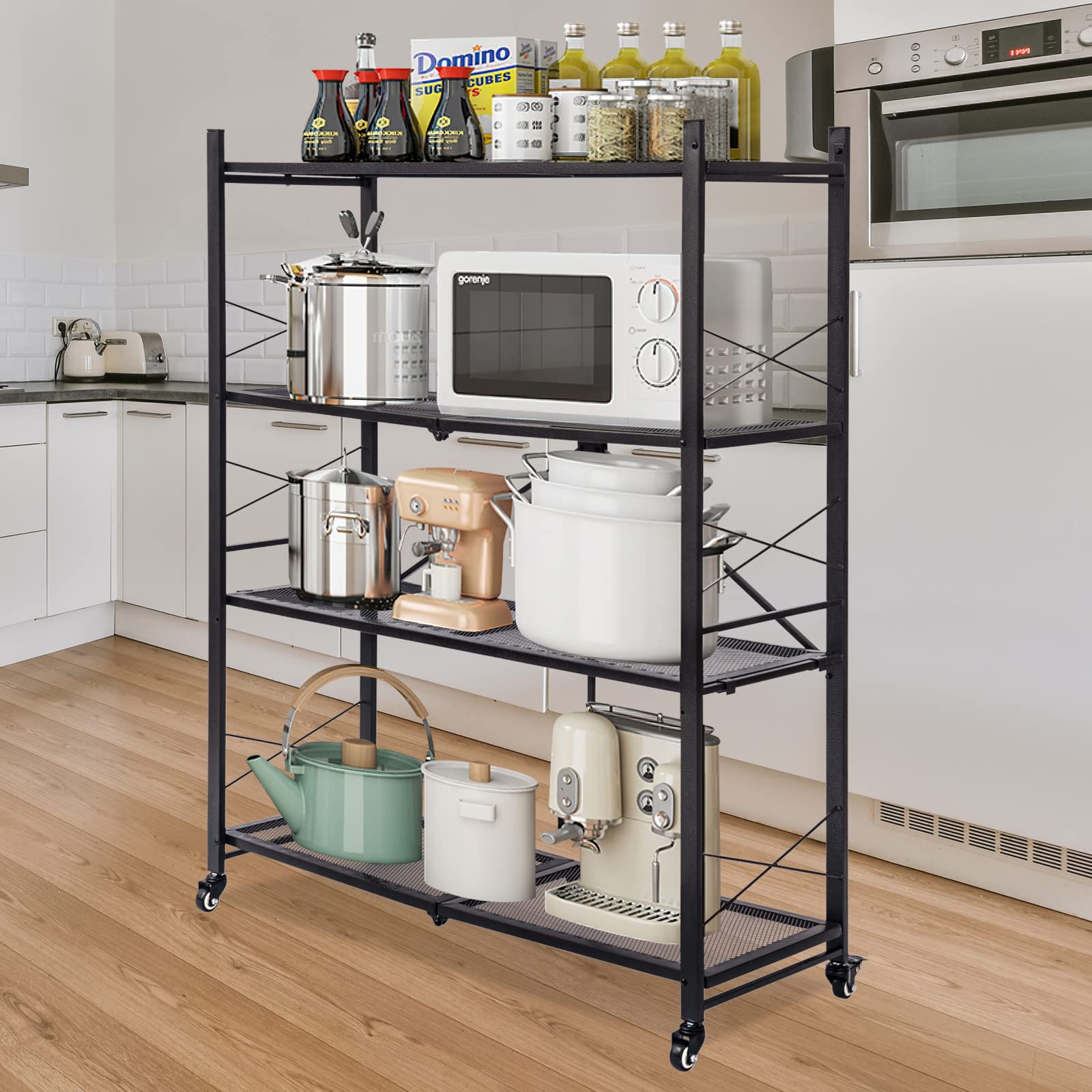 Grezone Foldable Shelves 4 Tier Storage Shelving Unit with Wheels No Assembly Heavy Duty Metal Shelf Rack for Garage Kitchen Hold up to 1000 lbs