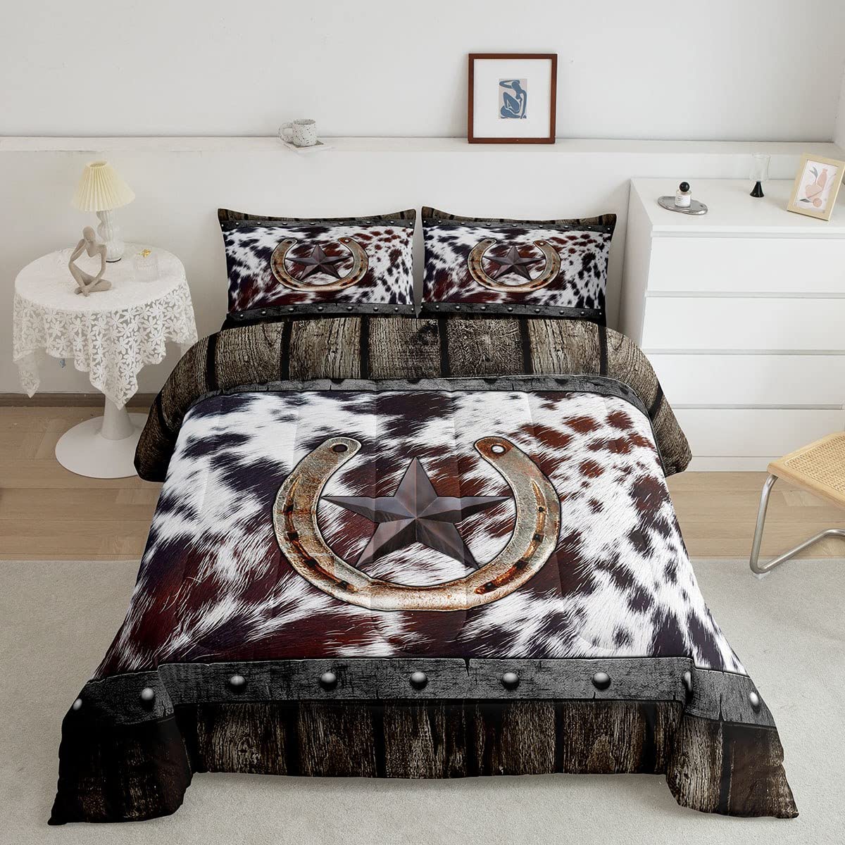 Brown Cowhide Bedding Set For Men Queen,Rustic Farmhouse Horseshoe Comforter For Kids Adults Western Texas Star Comforter Set Retro Grunge Barn Highland Cow Fur Quilt Duvet Insert 2 Pillow Cases