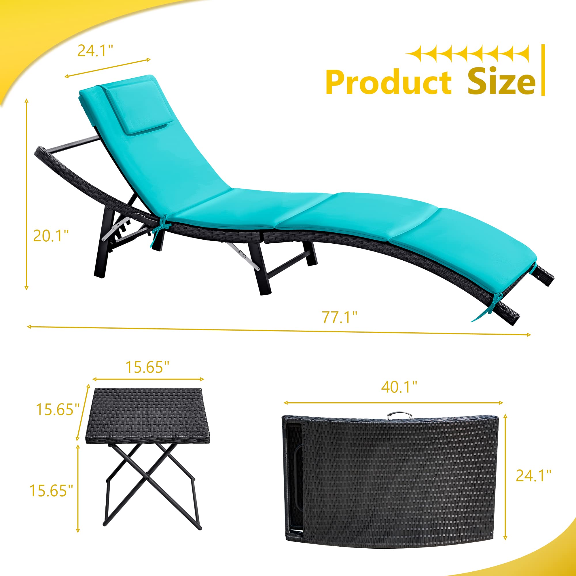 Rankok Outdoor Lounge Chairs Set 3 Pieces Adjustable Chaise Lounge with Folding Table and Cushion for Garden, Poolside, Beach (Blue)