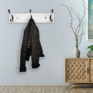 lomejii Wall Mounted Coat Rack 12.2inch(31cm) with 3 Silver Hooks, White Wall Coat Rack, Wood Wall Hook Coat Rack for Entrance, Hallway, Bedroom, Kids Room, Small Size White Wall Clothes Hanger