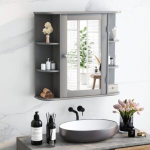 LOKO Bathroom Medicine Cabinet with Mirror, Wall Mounted Storage Cabinet with Mirrored Door, Open Shelves & Adjustable Shelves, Bathroom Wall Mirror Cabinet, 26 x 6.5 x 25 Inches (Grey)