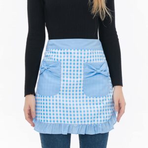 Love Potato Waist Apron with Pockets, Fashion Kitchen Cooking Restaurant Bistro Half Aprons for Girl Woman (Blue Plaid)