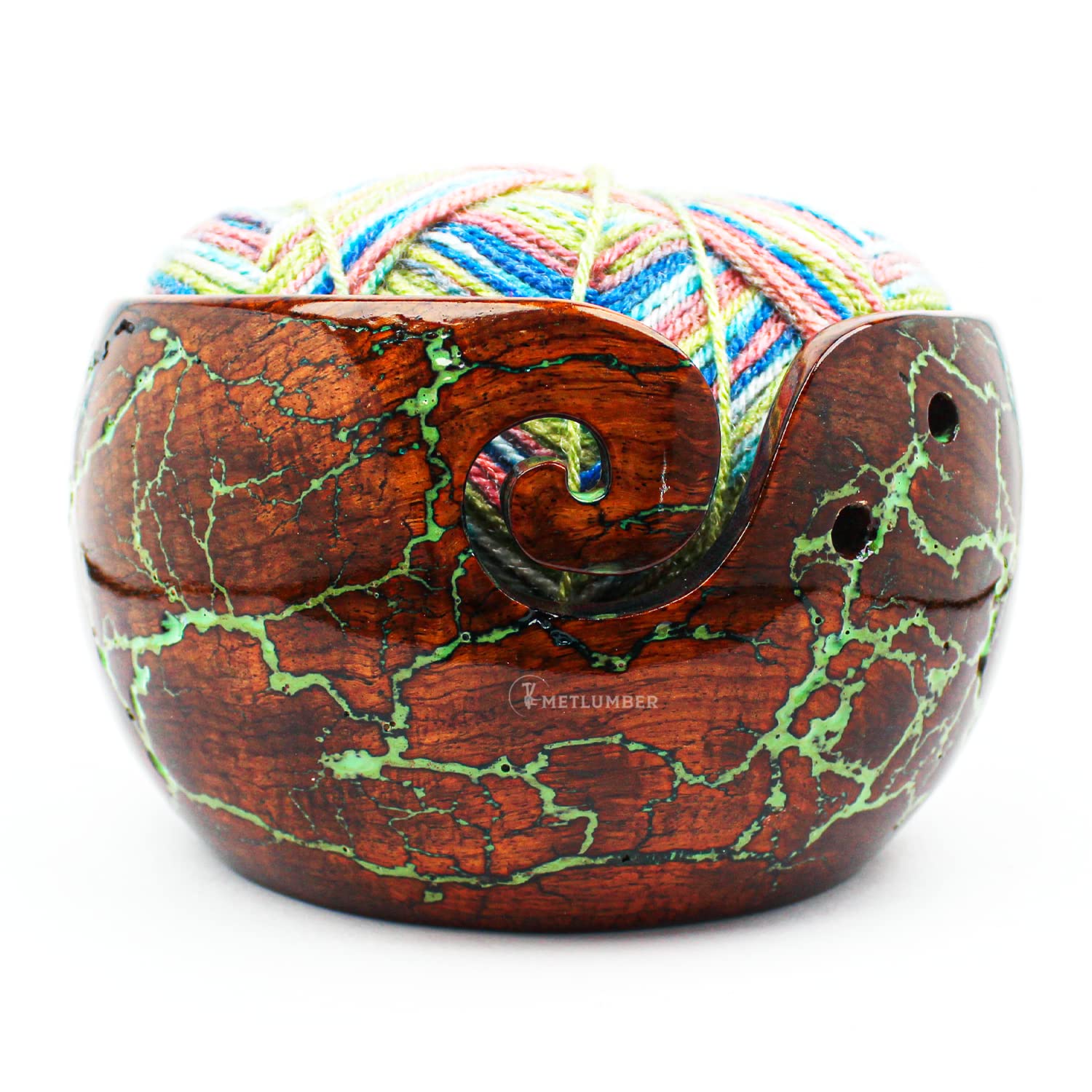 METLUMBER Wooden Yarn Bowl Rosewood Yarn Storage Bowl Holder & Dispenser for Tangle-Free Yarn Perfect Large Knitting & Crochet Bowl Fractal Wood Burning & Green Resin Artwork