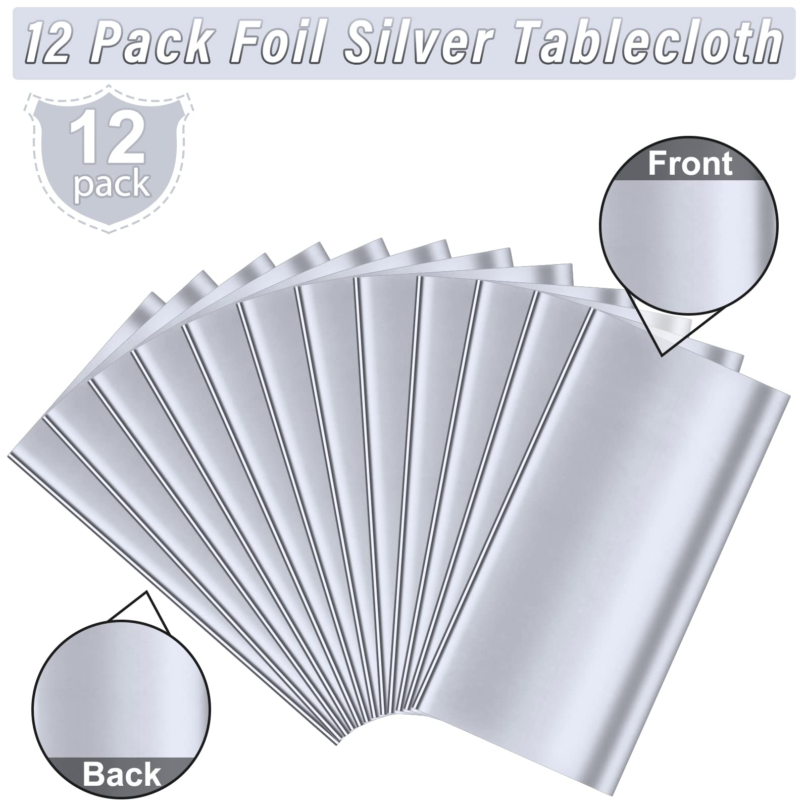 12Pack Silver Foil Plastic Tablecloth,Rectangular Shiny Table Cloth Metallic Disposable Party Table Cover for Graduation Wedding Birthday Baby Shower Anniversary New Year Party Decorations,54x108 inch