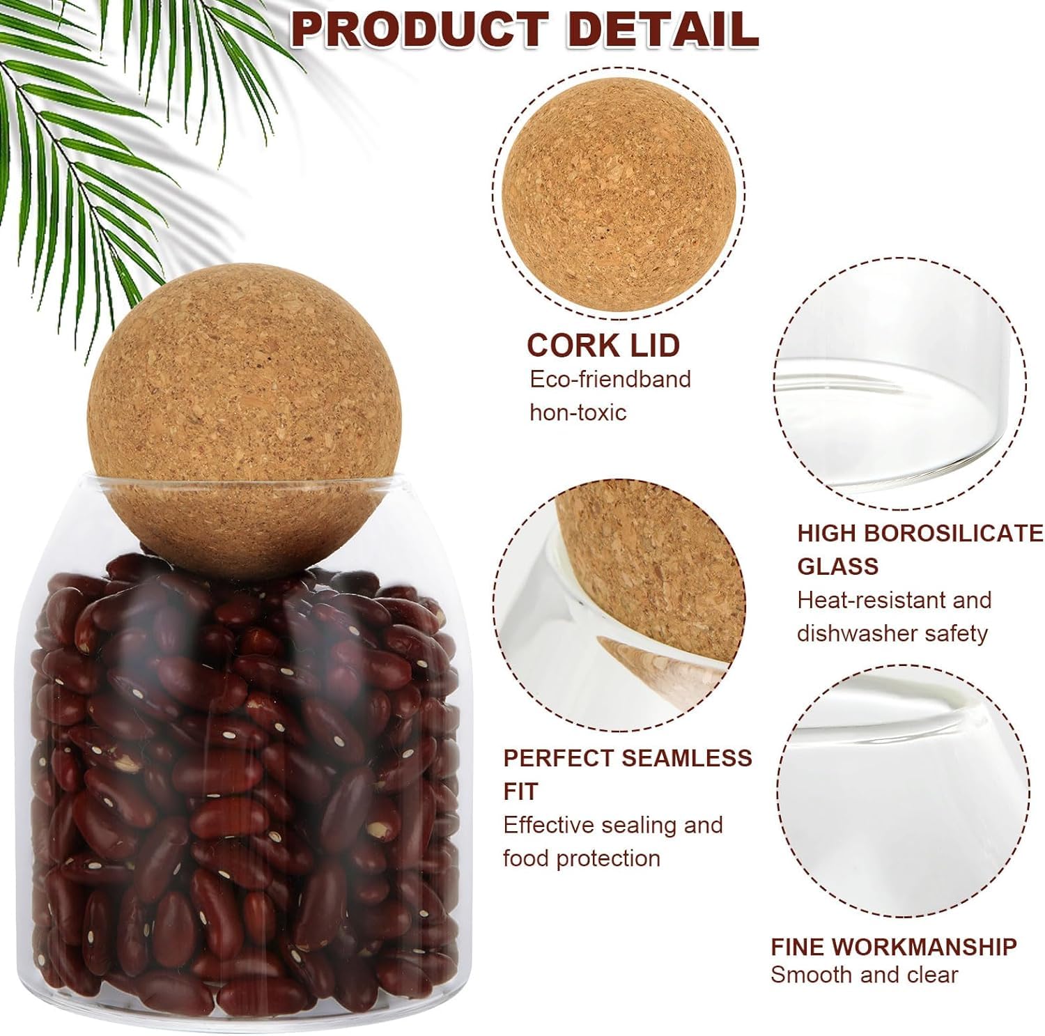 RHBLME 3 Pack Glass Storage Containers with Ball Cork, 17 Oz/500ML Glass Jar with Cork Lid, Round Cork Glass Bottle, Small Candy Jar with Wood Ball Lid for Food, Coffee, Sugar, Spice, Tea, etc