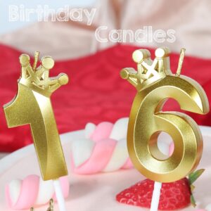 16th Birthday Candles for Cake, Number 16 Gold Candles with Crown, 3D Design Birthday Cake Topper for Boy Girl Women Men Pet Birthday Party Wedding Anniversary Celebration Decorations Supplies