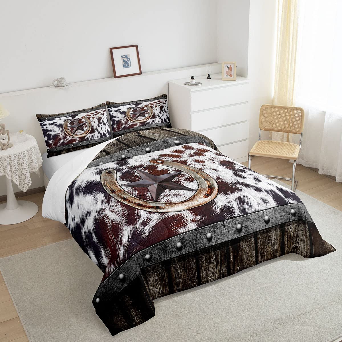 Brown Cowhide Bedding Set For Men Queen,Rustic Farmhouse Horseshoe Comforter For Kids Adults Western Texas Star Comforter Set Retro Grunge Barn Highland Cow Fur Quilt Duvet Insert 2 Pillow Cases