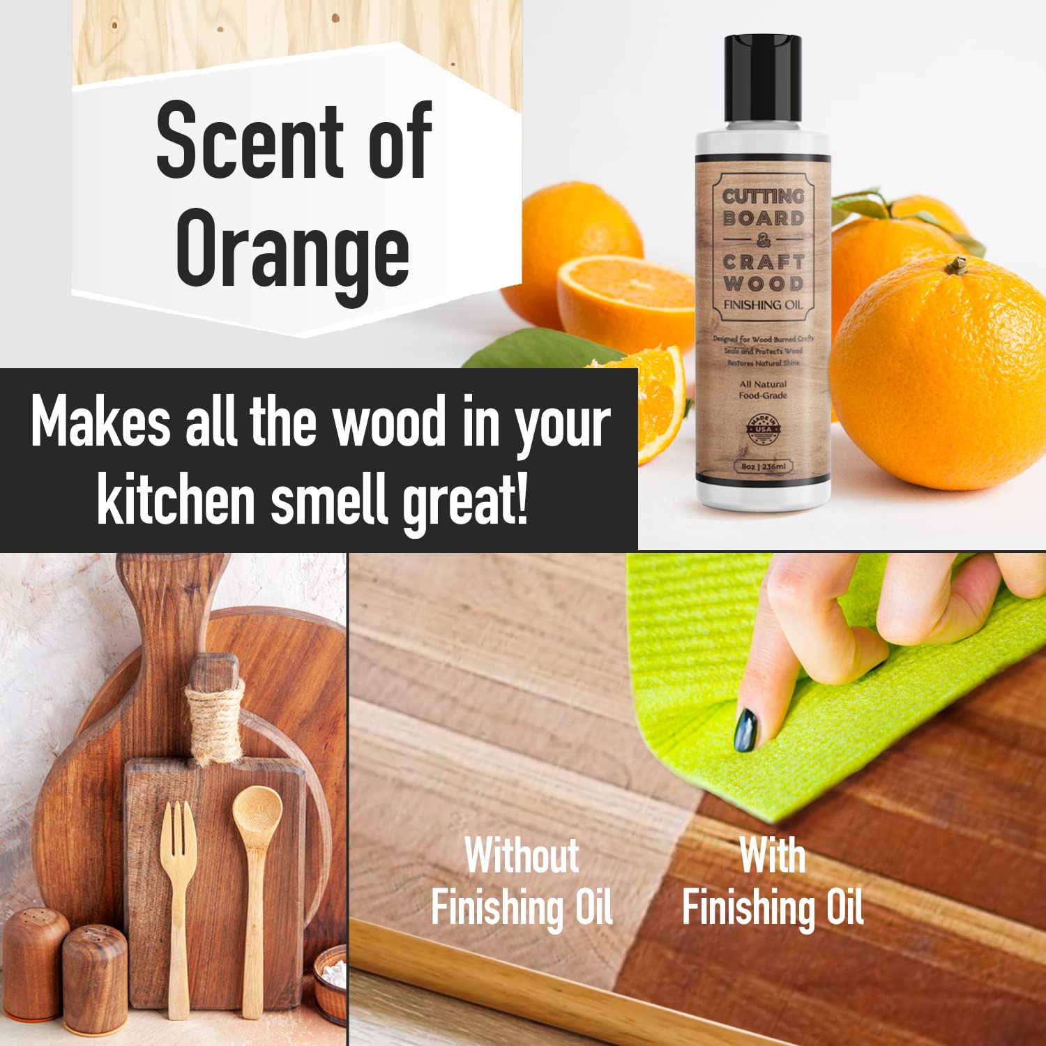 Craft Wood Finishing Oil + Conditioner - 8oz Food-Safe Wood Oil With Citrus Scent - Made in USA - Natural Mineral Oil for Cutting Board, Butcher Block, Kitchen Utensils - Oil + Seal Wood Burned Crafts