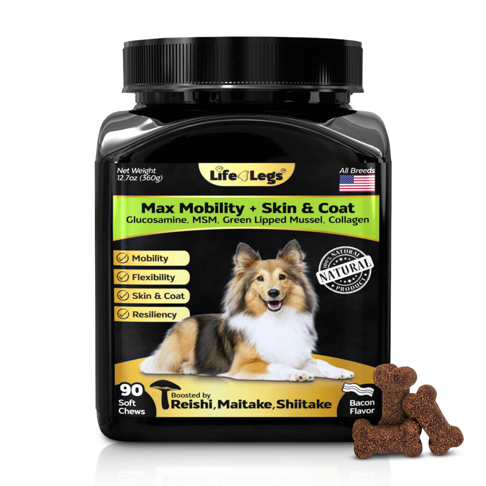 Life4Legs - Hip and Joint Chews for Dogs Plus Skin and Coat Supplement - Dog Joint Pain Relief Treats - Glucosamine, Chondroitin, MSM, Hemp Oil, Turmeric, Omega 3 for Dogs, Mobility Bites Dog Health