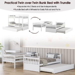 Giantex Twin Over Twin Bunk Bed with Trundle, Convertible Platform Bed Frame with Ladder & Solid Wood Frame, Space-Saving Bunk Bed for Teens & Adults, No Box Spring Needed, White