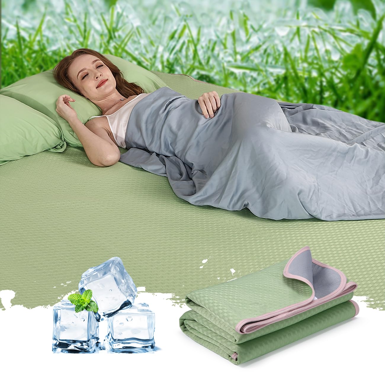 QUILTINA Cooling Sleeping Mat Set with 2 Pillowcases, Good Heat Conduction Mattress Topper Pad for Summer Hot Sleepers, Comfort Soft Nonslip Matting Cover for All Seasons, Green, King 78x80 in