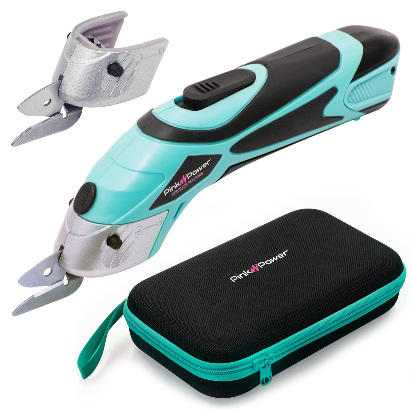 Pink Power Electric Fabric Scissors Box Cutter for Crafts, Sewing, Cardboard, & Carpet - Heavy Duty Professional Cutting Tool - Aqua Splash Cordless Electric Scissors Fabric Cutter w/Storage Case