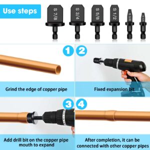 GQFOWE 6Pcs HVAC Repairing Set, Boring Drill Bits, Air Conditioner Copper Tube Expander Swaging Tool Manual Copper Pipe Swage, Soft Copper tubing 1/4'', 3/8'',1/2'',5/8'',3/4'',7/8'' Bits Set