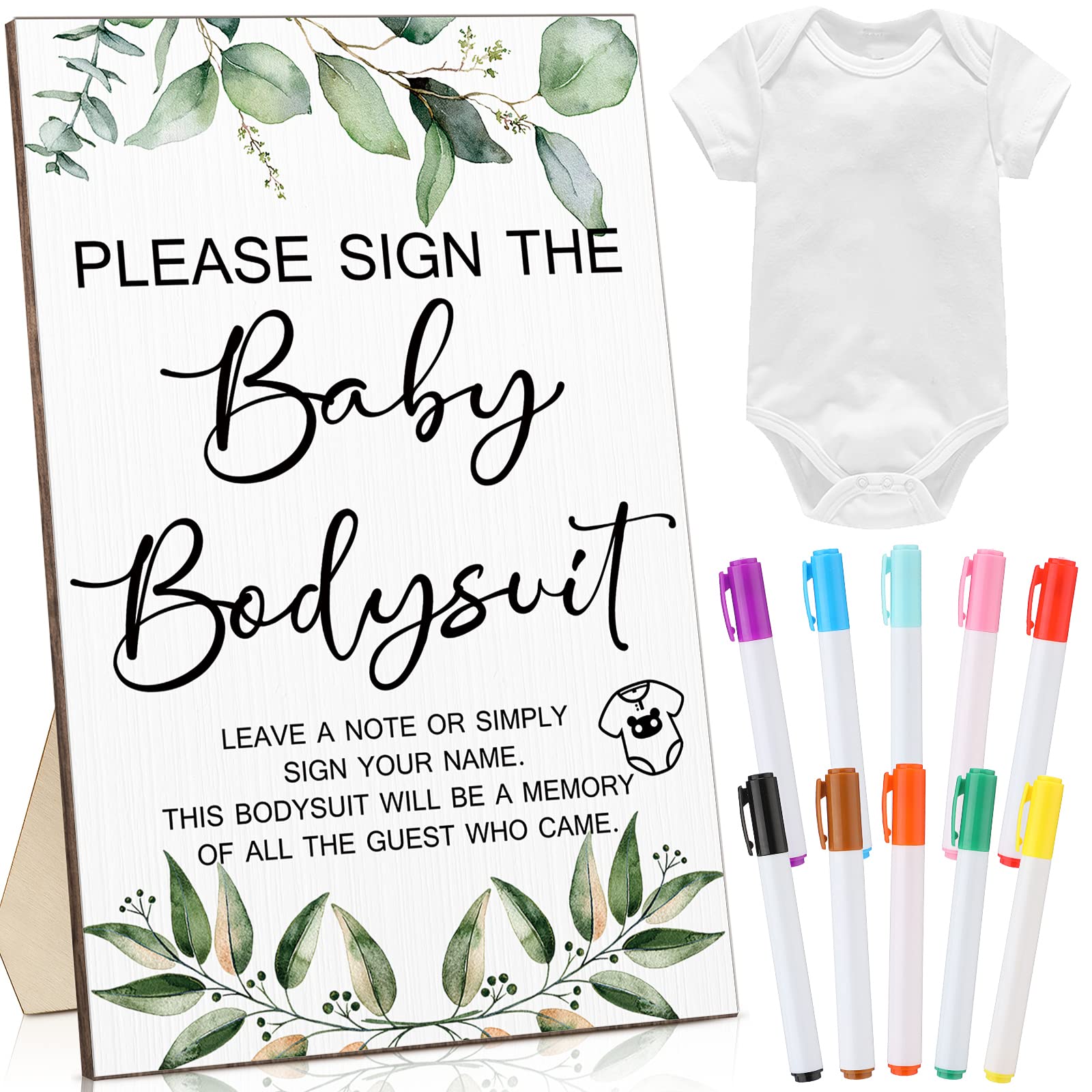 Qunclay 12 Pcs Baby Bodysuit Baby Shower Game Include 1 Game Wooden Bodysuit Sign Tabletop Decor 1 White Blank Newborn Bodysuit 10 Fabric Marker for Baby Shower Gender Reveal Party(Greenery)