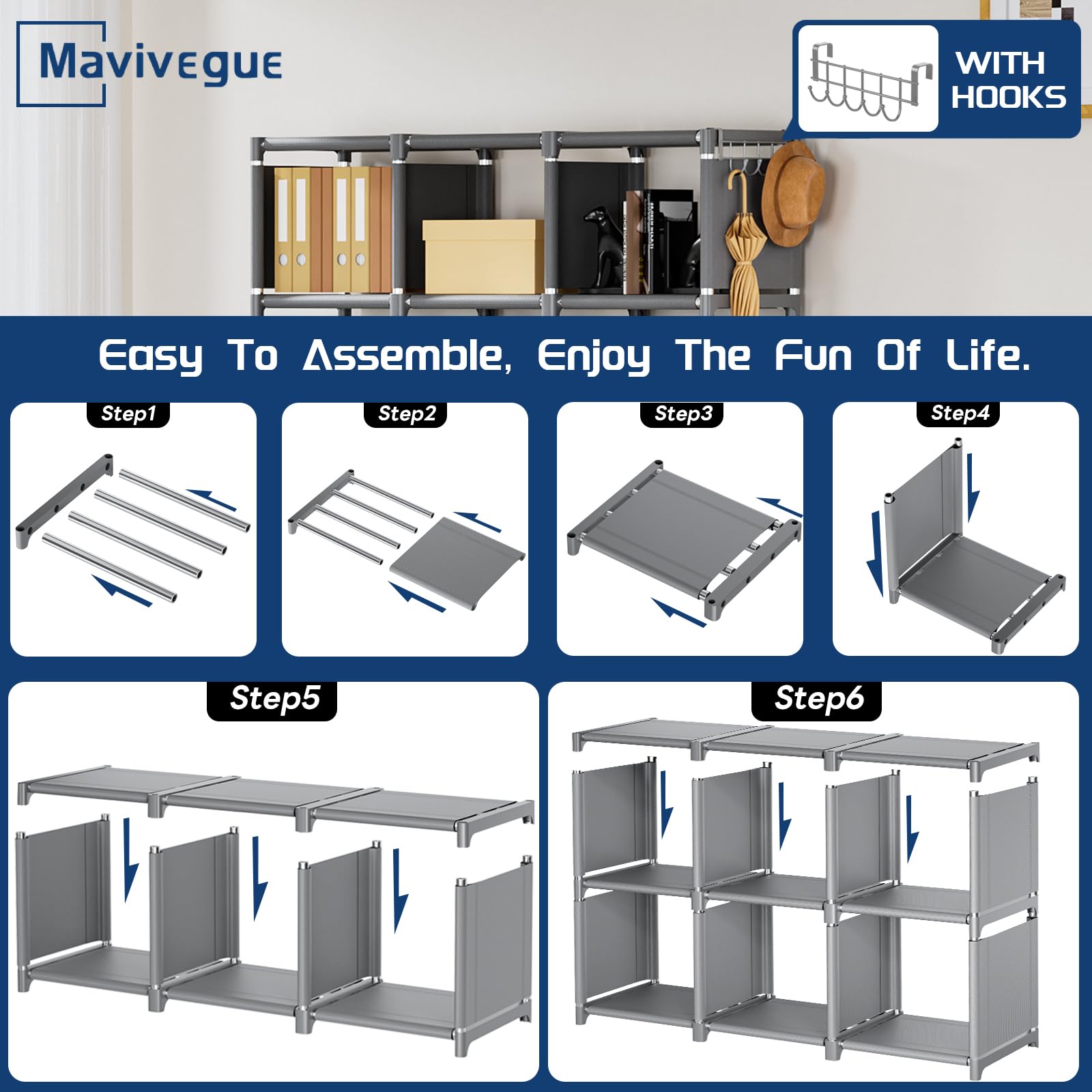 Mavivegue Bookshelf,18 Cube Storage Organizer,Extra Large Book Shelf Organizer,Tall Bookcase Shelf,Book Cases/Shelves,Grey Cube Shelf,Cubbies Closet Shelves for Bedroom,Living Room,Home,Office