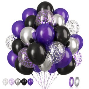 purple black balloons set, 60 pcs black purple silver birthday balloons, metallic silver purple confetti balloons black and purple latex balloons for birthday wedding graduations party decorations